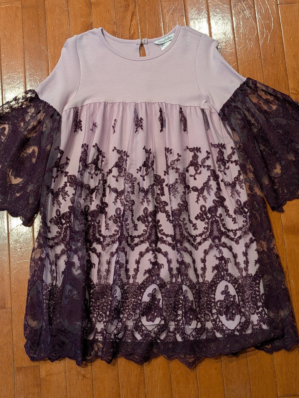 Chasing Fireflies Purple Tulle & Embroidered Lace Flair Sleeve Dress Girls 10 12